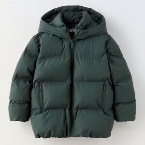ZARA Down Green Fur Boy Puffer Coat Dark Green 4 5